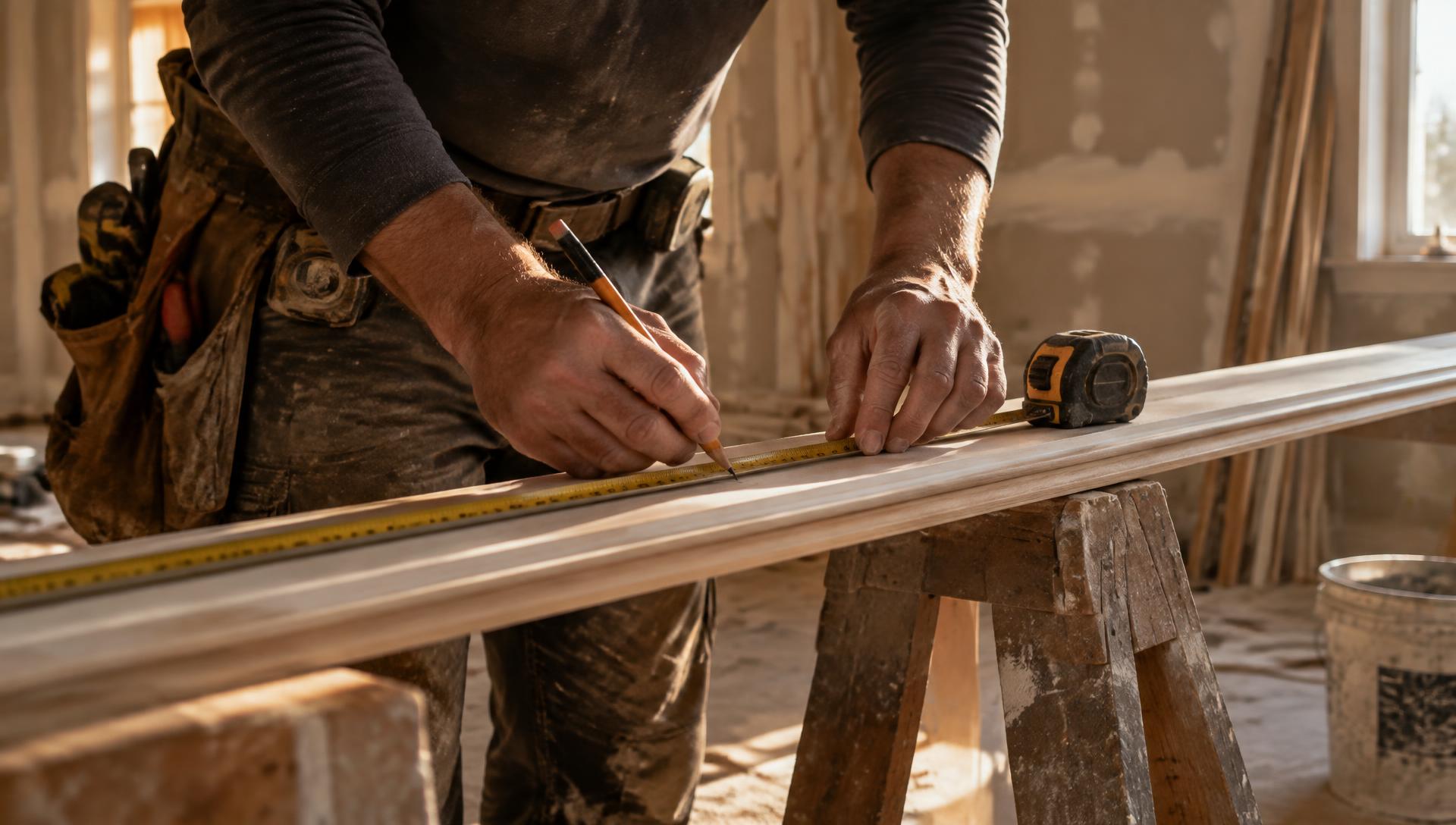Carpenter measuring and marking trim on a sawhorse inside a house under renovation